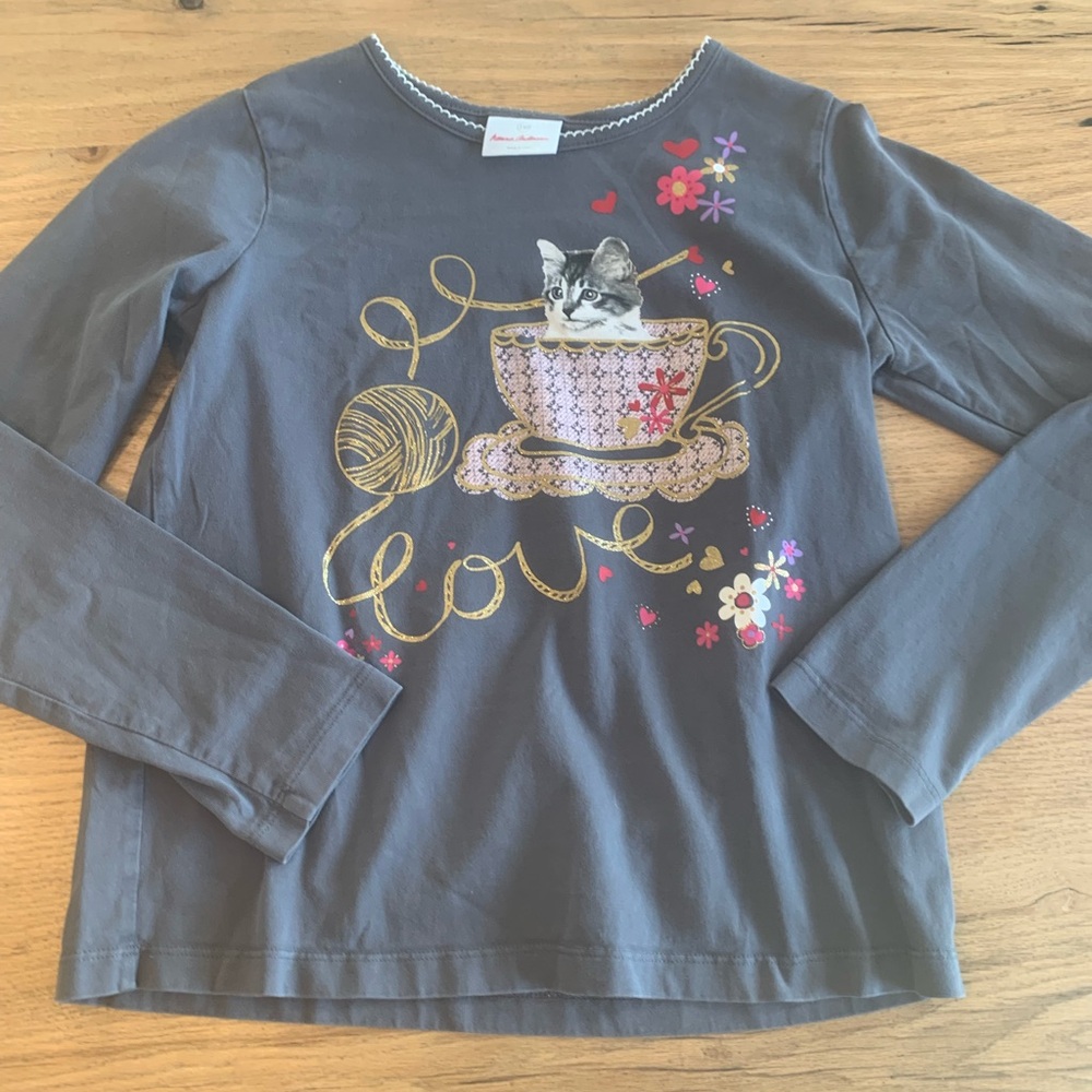 Hanna Andersson‎ Kitten Love Long Sleeve Tee Shirt Gray Gold Girls 12 Preloved